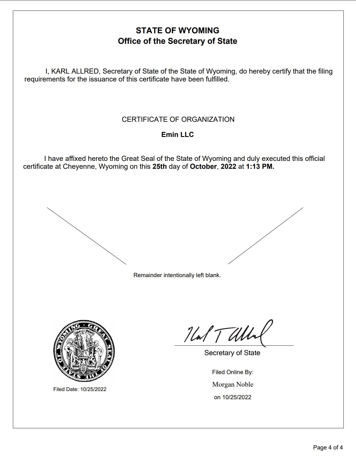 Emin LLC - Certificate Of Organization