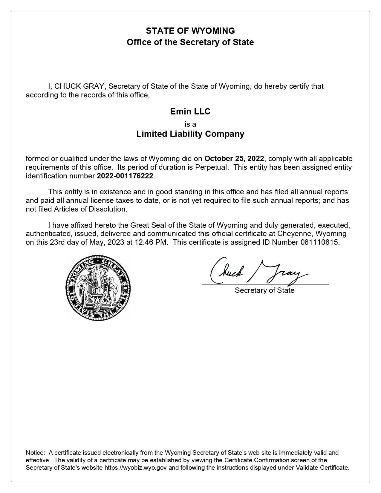 Emin LLC - Certificate Of Good Standing